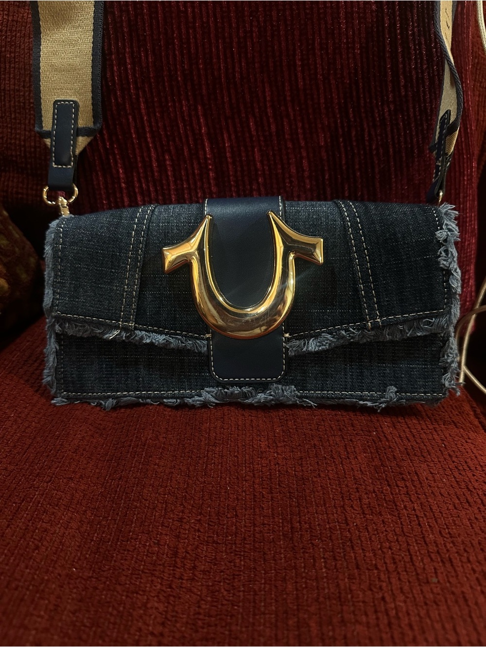 True Religion Denim Crossbody Bag with Gold Accent - Navy